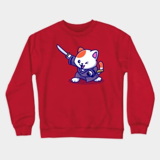 Cute Cat Samurai With Sword Cartoon Crewneck Sweatshirt